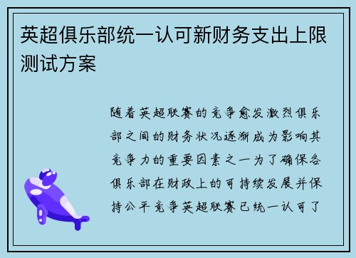 英超俱乐部统一认可新财务支出上限测试方案 英超俱乐部统一认可新财务支出上限测试方案